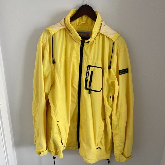 Point Zero Windbreaker Men Women Jacket Yellow/Black Pockets Zipper Hood Size L - Picture 2 of 9